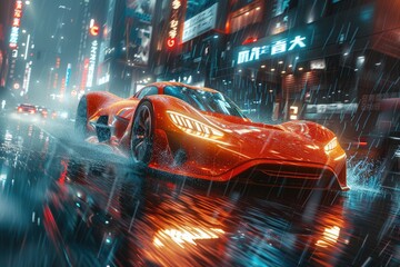 Red Speedster in Neon Rain. Generative AI