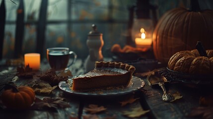 Pumpkin pie. Cozy environment. Autumn background
