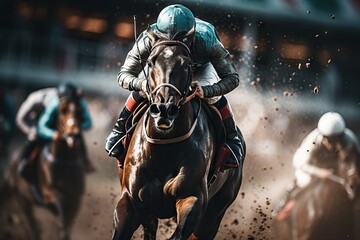 Fototapeta premium Jockey's Focus, Race Day Blur. Generative AI