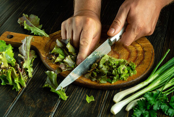 Preparing a salad from fresh vegetables. Cutting lettuce with a knife in the cook hand on a kitchen board.