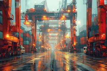 Obraz premium Harbor Cranes in the Rain. Generative AI
