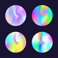 Holographic abstract backgrounds set. Gradient hologram. Plastic holographic backdrop. Minimalistic 90s, 80s retro style graphic template for brochure, banner, wallpaper, mobile screen.