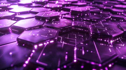 Abstract rendering 3d bright glowing purple hexagonal network pattern digital hi tech background.