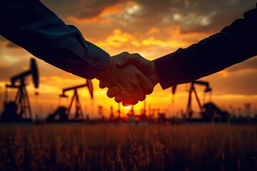 Oil Field Handshake at Sunset. Generative AI