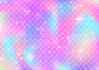 Rainbow scales background with kawaii mermaid princess pattern. Fish tail banner with magic sparkles and stars. Sea fantasy invitation for girlie party. Rainbow backdrop with rainbow scales.