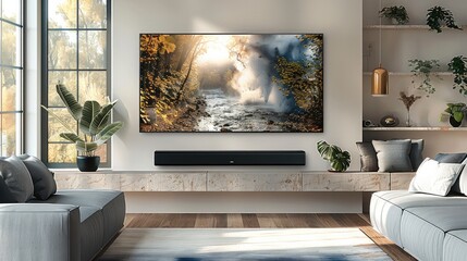 A flat screen television on the wall of an elegant living room, with a sleek and modern design and a black soundbar below it. Generative AI.