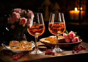 Naklejka premium Two wine glasses with a plate of food and a vase of roses on a table