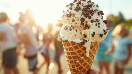 Close-up of a chocolate chip ice cream cone held at a summer festival with a sunlit crowd in the background. Perfect for summer and dessert themes