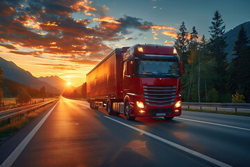 Truck on Mountain Road at Sunset. Generative AI