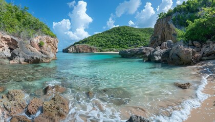 Obraz premium Secluded Beach Cove with Clear Turquoise Waters and Lush Greenery