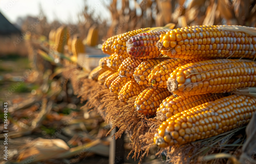 Poster a large pile of corn is displayed on a table