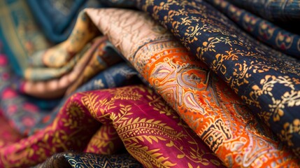 Traditional block-print fabric features intricate patterns and rich colors, showcasing a timeless artistry.