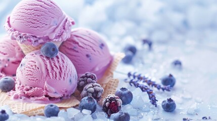 Delicious berry ice cream cones with fresh blueberries and raspberries on a pink background. Perfect for dessert and summer themes