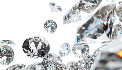 Beautiful shiny diamonds in air on white background