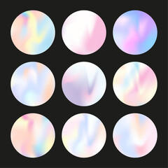 Holographic abstract backgrounds set. Gradient hologram. Colorful holographic backdrop. Minimalistic 90s, 80s retro style graphic template for book, annual, mobile interface, web app.