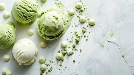 Scoops of creamy green tea ice cream garnished with white chocolate drops, set on a white background, creating a refreshing and elegant dessert scene