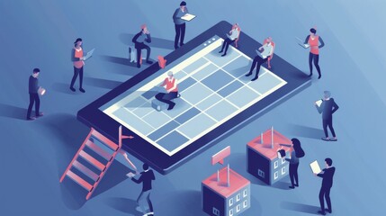 Vector illustration featuring small figures scheduling events online using a tablet. Depicts the creation of a weekly schedule for business operations and tasks.