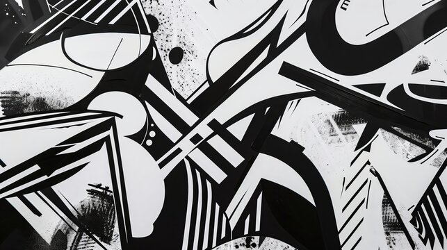 This black-and-white art piece features bold lines and dynamic shapes, creating compelling visual contrast.