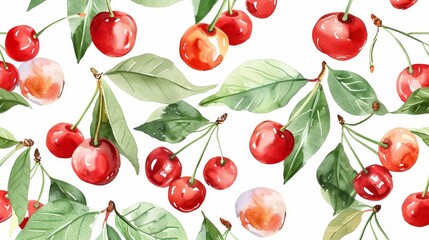 Watercolor cherry seamless pattern. Summer berries, fruits, leaves, flowers background. Vector illustration for spring cover, tropical wallpaper texture, backdrop, wedding invitation