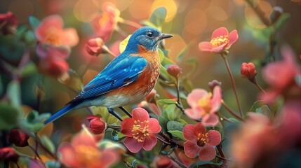 Fototapeta premium A vibrant garden with a bluebird perched on a blooming flower, rich greenery, and colorful blossoms. Generative AI.
