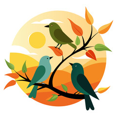 Birds on Branches Sunlit Silhouette Vector Illustration