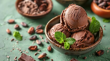 Indulgent chocolate ice cream in a bowl, surrounded by mint leaves and cocoa beans, set against a textured green background, creating a luxurious dessert scene