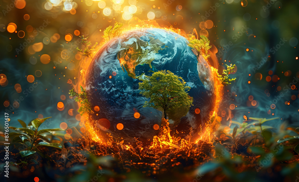 Poster a planet with a tree on it is surrounded by fire