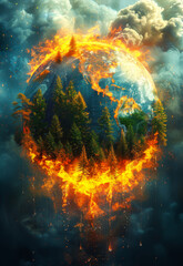 A fire is burning on a planet with trees. The fire is so big that it is almost engulfing the entire planet