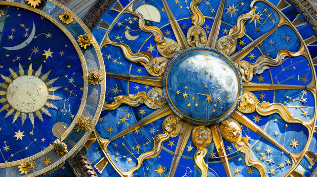 Pattern with golden Zodiac signs and astrological wheel, abstract stars and planet background. Theme of astrology, horoscope, mystery, space, fantasy,