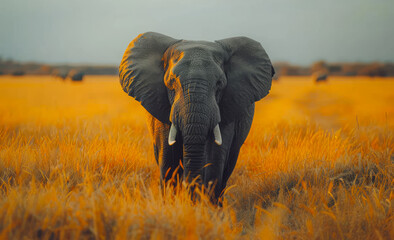 Naklejka premium A large elephant is standing in a field of tall grass. Concept of tranquility and natural beauty
