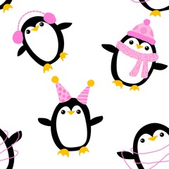 Cartoon festive animals seamless birthday decor and penguin pattern