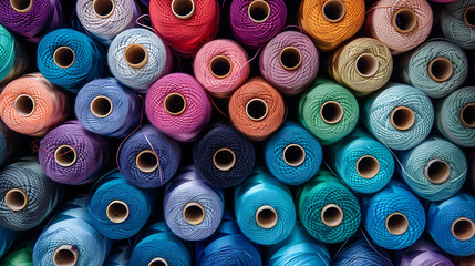 Fototapeta premium a collection of colorful thread spools arranged in rows, showcasing a gradient of hues from blues to greens, purples, pinks, and oranges.
