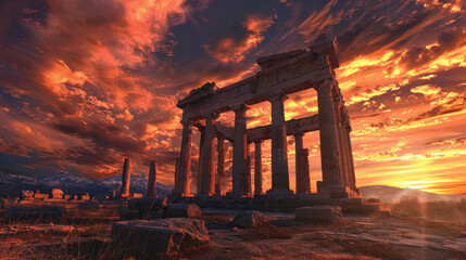 Fototapeta premium Ruins of Ancient temple against dramatic sky, old destroyed historical architecture at sunset. Theme of Greece, travel, Greek landscape, view, past