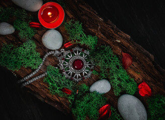 Ritual amulet, green moss and stones in the bark of a tree on a black background.