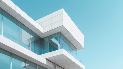 Obraz premium A minimalist modern building with clean lines and large glass windows, against a clear blue sky 