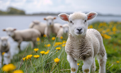 Fototapeta premium A baby lamb stands in a field of yellow flowers. The lamb is the center of attention, surrounded by other sheep