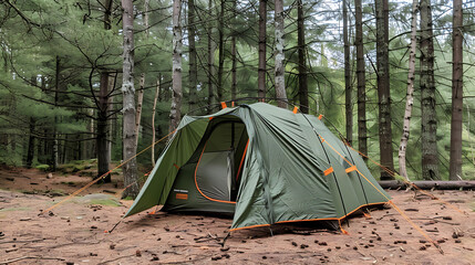 a green tent with orange detailing, set up in a forested area. Tall trees surround the tent, and the ground is covered with pine needles and other forest debris