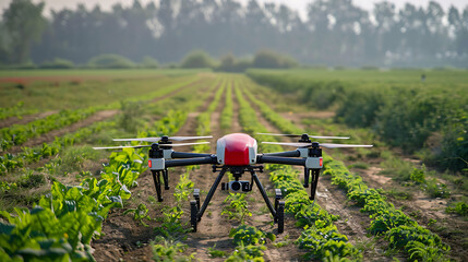 a drone flying over a well-maintained field with rows of crops. The drone has four rotors and a red-and-white body with black accents