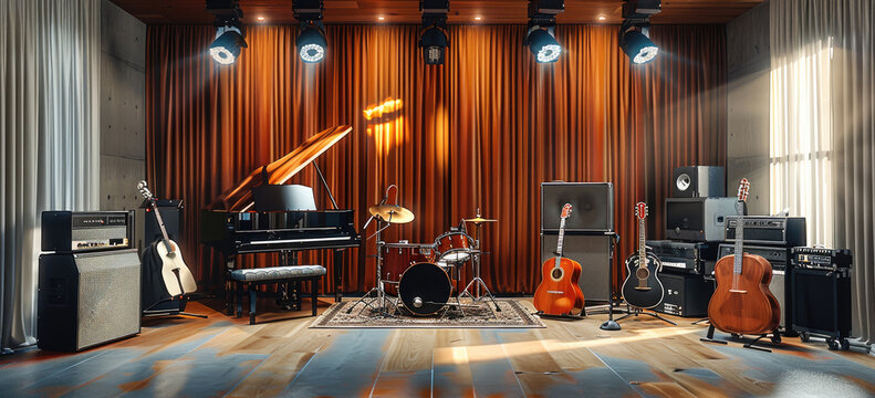 Modern music classroom stage with musical instruments. Generative AI.