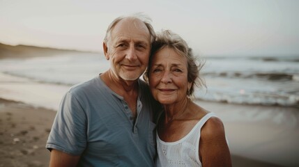 Fototapeta premium Senior couple hug on beach in nature for support, relaxation, and connection with grin. Peace, trust, and ocean or sea vacation with a committed partner