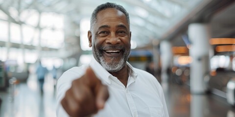 Fototapeta premium Senior businessman, energetic, and optimistic about his profession. Portrait of mature black man in New York workplace, hand gesture and contentment.