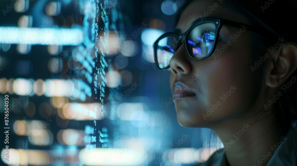 Poster data hologram, software, and woman with code analytics, it, and night overlay. programmer or it guy 