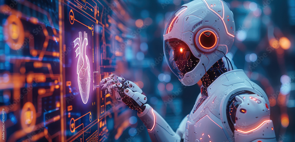 Poster an ai robot doctor using holographic technology to examine a patient's heart on a digital interface,