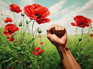 "Floral Defiance: A Strong Fist Rises from a Field of Lush Green Grass and Red Poppies, Symbolizing Resilience and Natural Beauty"