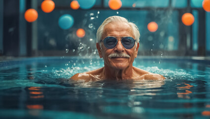 Fototapeta premium Elderly man in thermal pool relax