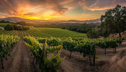 Naklejka premium Wide-Angle Vineyard Scene: Capturing the Serenity of a Sunset Over a Vineyard