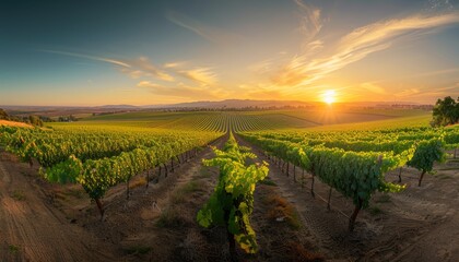 Naklejka premium Wide-Angle Vineyard Scene: Capturing the Serenity of a Sunset Over a Vineyard
