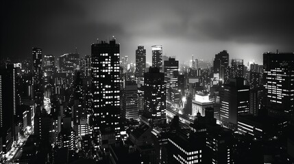 Elegant black-and-white photo captures urban beauty with towering skyscrapers and dynamic street scenes.