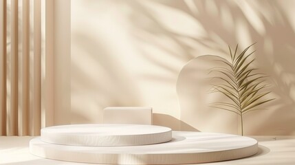 3D display platform with podium for showcasing products. Vector illustration of a 3D podium for presenting cosmetics or other items on a beige studio backdrop.