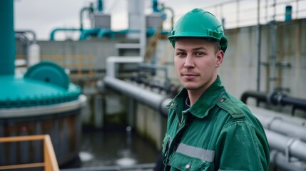 Industrial Worker Standing Near Water Treatment Facility. Generative AI